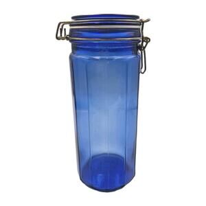 Vintage Cobalt Blue 12-Panel Glass Canister Wire Bail Lid 10x4.5"